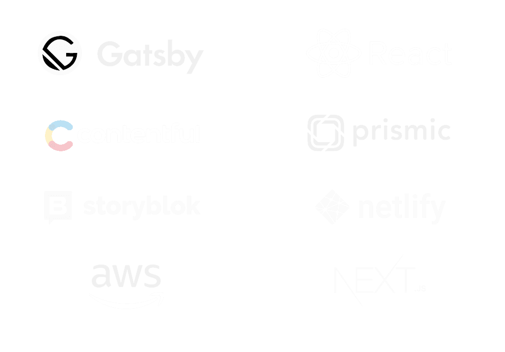 Keskeisimmät teknologiamme: Gatsby, React, Contentful, Prismic, AWS, Storyblok ja Netlify
