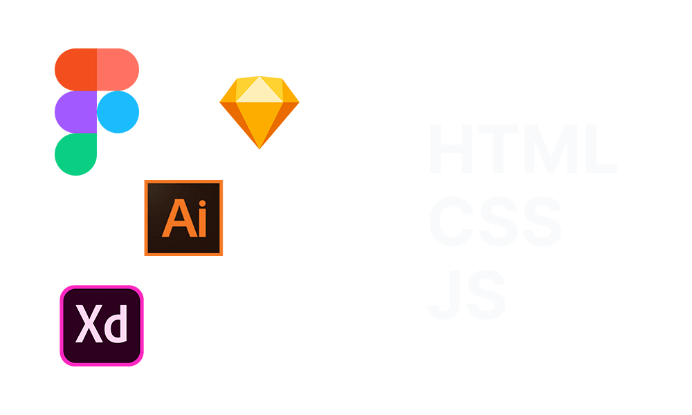 Illustraatio Figmasta, Illustraattorista, Adobe XD:stä ja Scetchistä, jotka muutetaan HTML, CSS ja JS -koodiin.